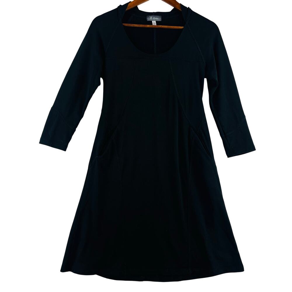 Ibex Womens Indie Hooded Dress M Black 100% Merino Wool 3/4 Sleeve Pockets USA